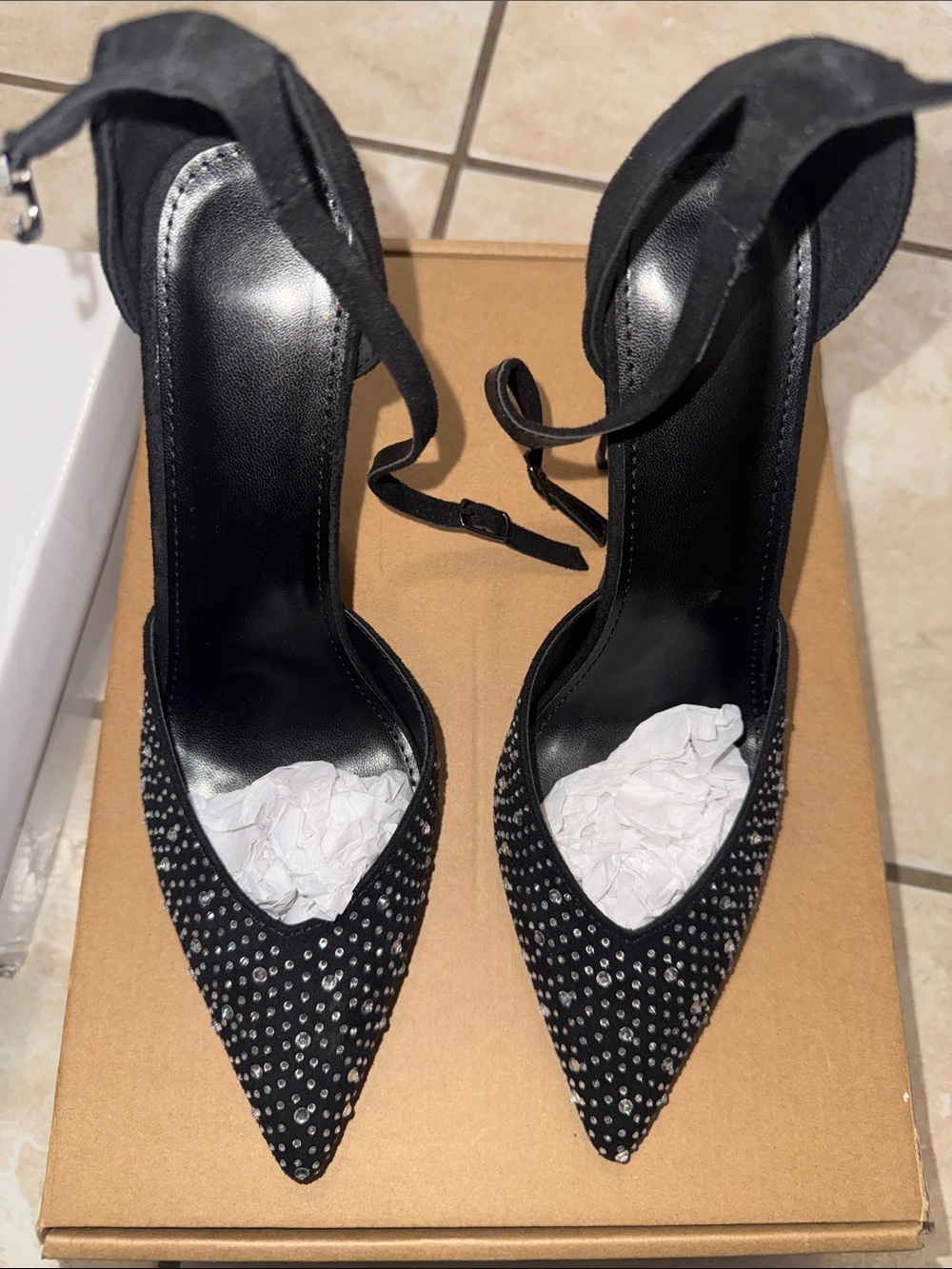 Black Pointed Toe Ankle Strap Women's Heels with Crystal Studs